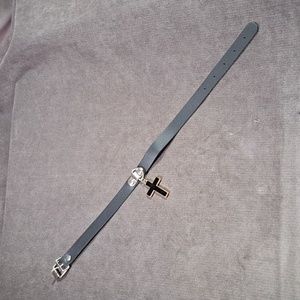 Black Faux Leather Choker Collar Light Black & Gold Tone Cross NWOT 16.5"